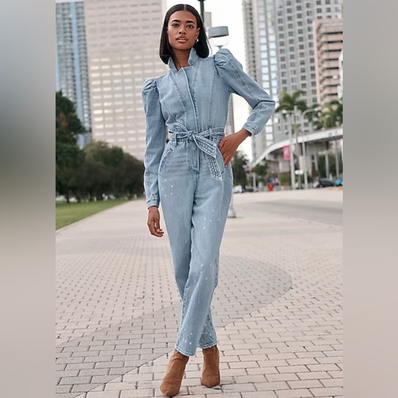 Express Pants - Express Puff Sleeve Tie Waist Medium Wash Denim Jumpsuit